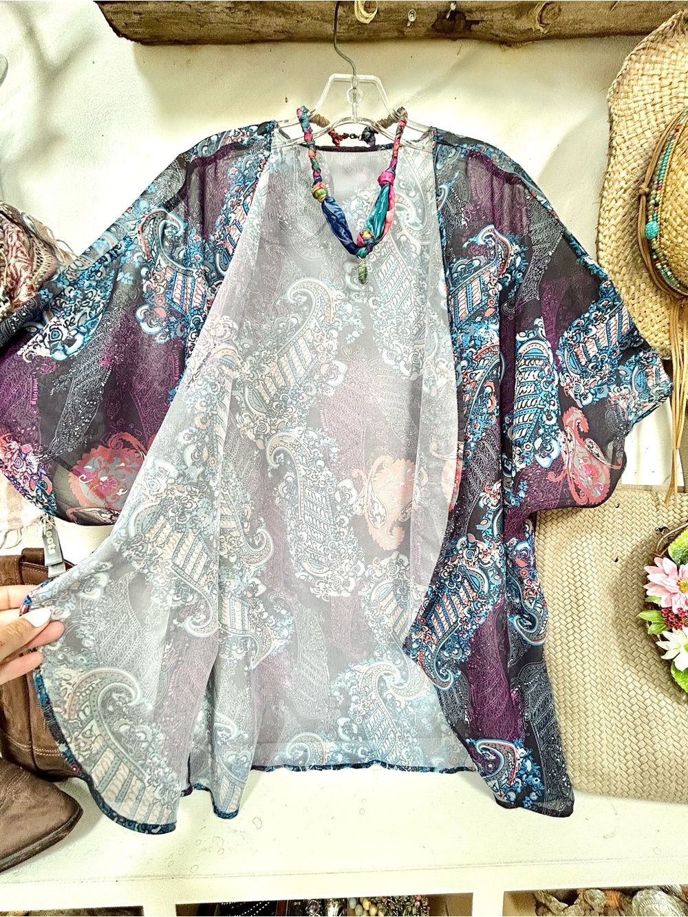 Boho Paisley Open-Front Kimono cover up Gypsy southwestern vibe - Picture 4 of 9